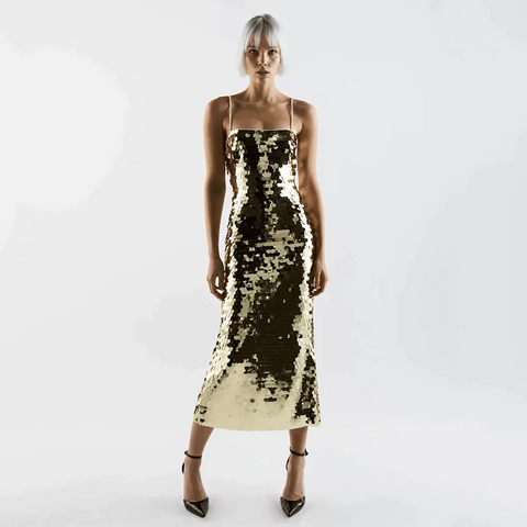 Golden Glow Sequin Midi Dress