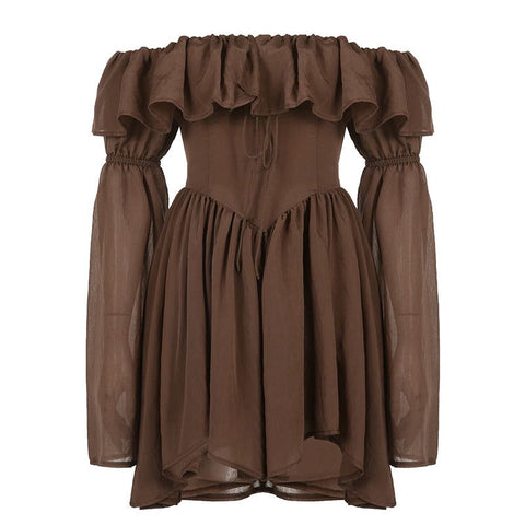 Milk Chocolate Vintage Ruffled Off Shoulder Midi Dress