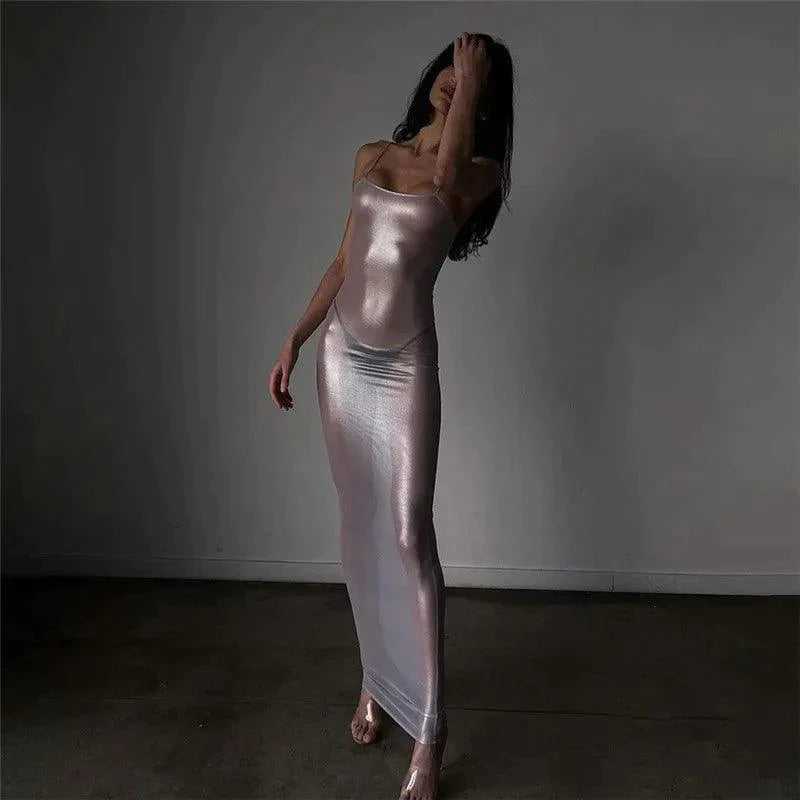 Focused On Me Sheer Metallic Maxi Dress