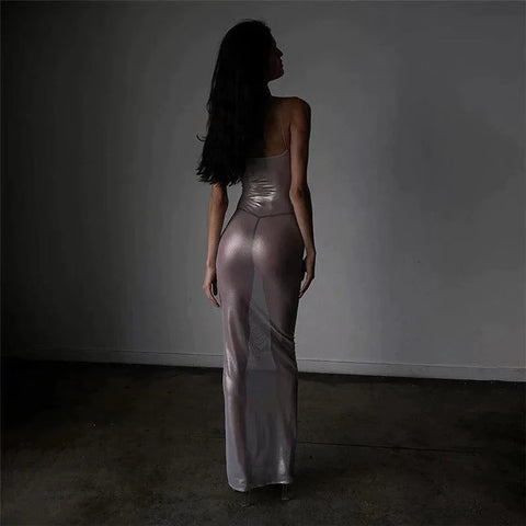 Focused On Me Sheer Metallic Maxi Dress