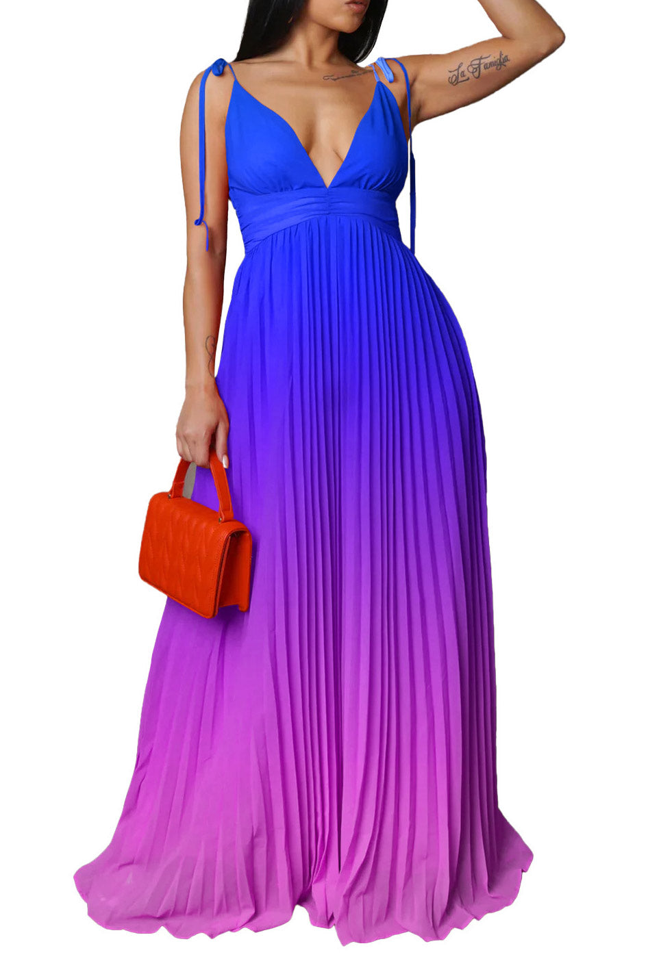 Backless Plunging Gradient Maxi Dress