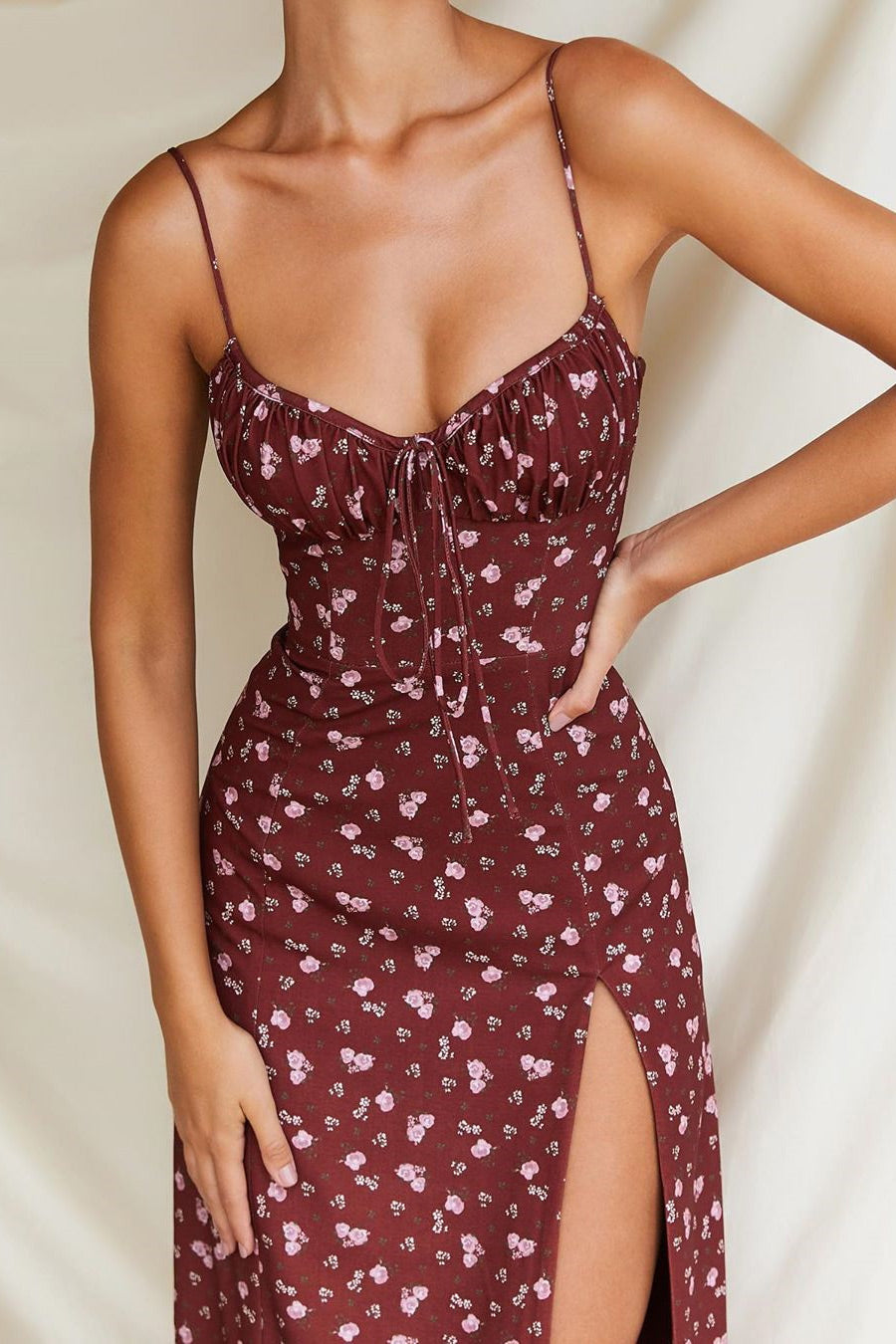 Burgundy Print High Slit Party Dress