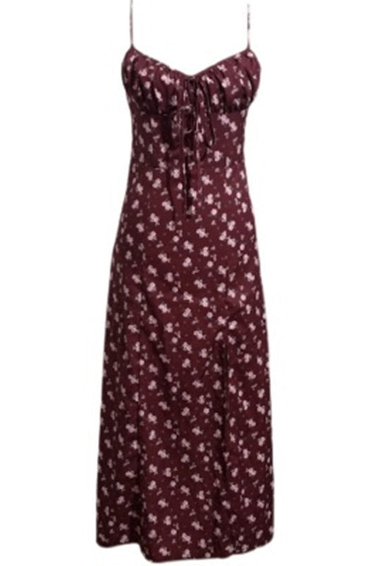 Burgundy Print High Slit Party Dress