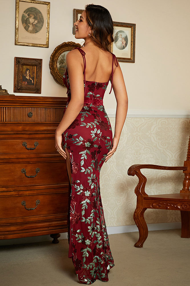 Burgundy Print Side Slit Prom Evening Dress