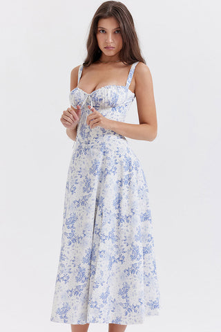 Floral Tie Front Lace Up Back Fit & Flare Split Midi Sundress - Blue