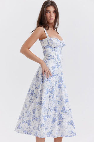 Floral Tie Front Lace Up Back Fit & Flare Split Midi Sundress - Blue