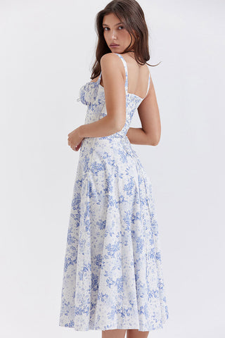 Floral Tie Front Lace Up Back Fit & Flare Split Midi Sundress - Blue