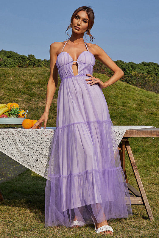 Lilac Halter Open Back A-Line Prom Evening Dress