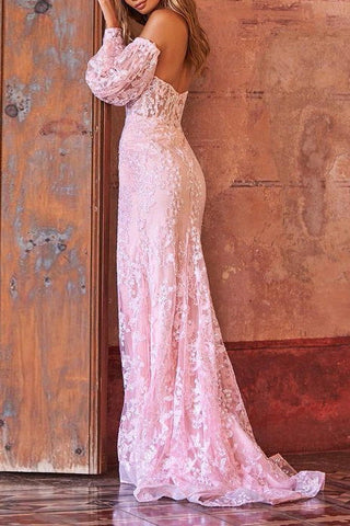 Pink Lace High Split Evening Prom Dresses