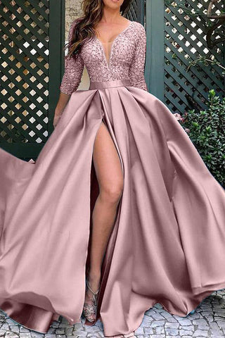 Pink Slit A-Line Formal Gown Prom Dress