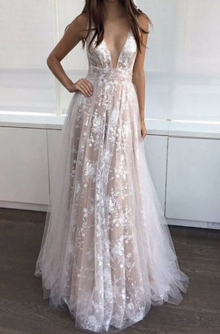 Plunging Sleeveless A-Line Prom Gown Evening Dress