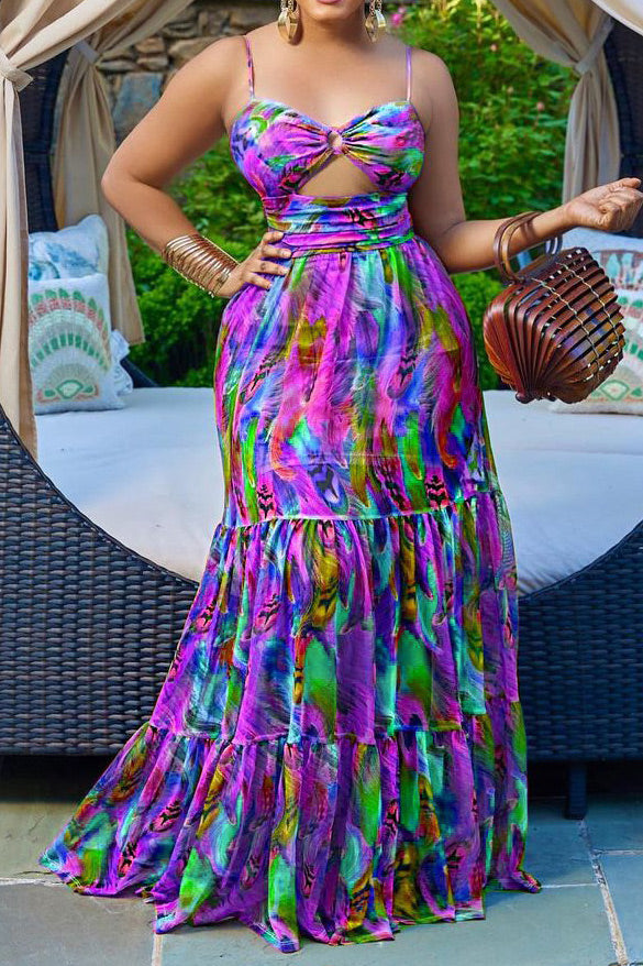 Print Cut Out Sleeveless Maxi Dress