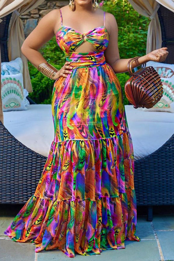 Print Cut Out Sleeveless Maxi Dress