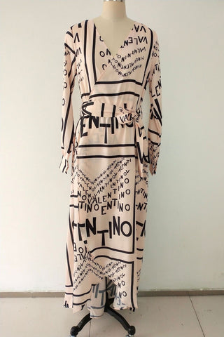 Print Long Sleeve Wrap Maxi Dress