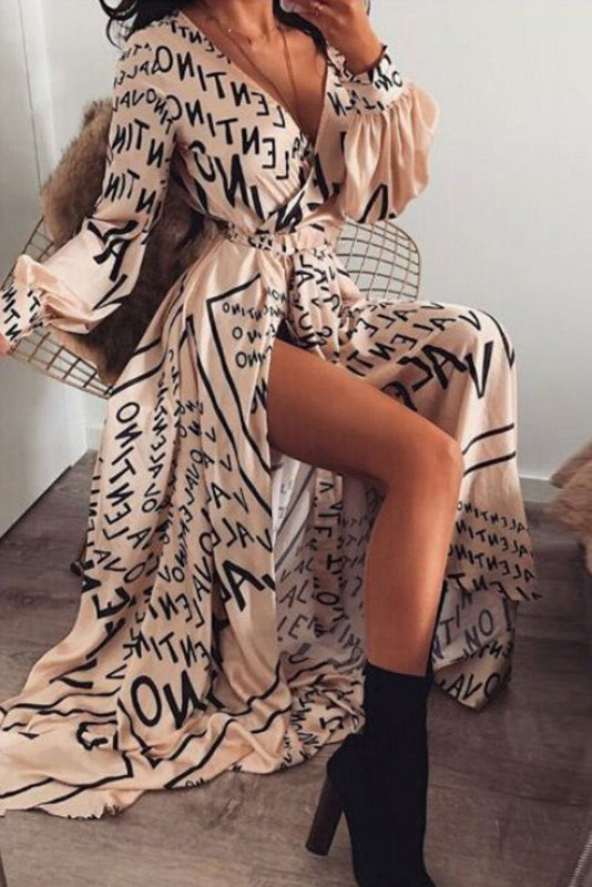 Print Long Sleeve Wrap Maxi Dress