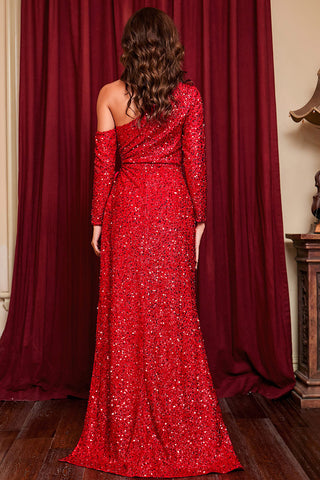 Red Cut Out Long Sleeve Prom Gown Evening Dress