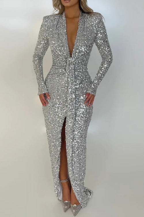 Silver Sequins Long Sleeve Plunging Prom Evening Dress