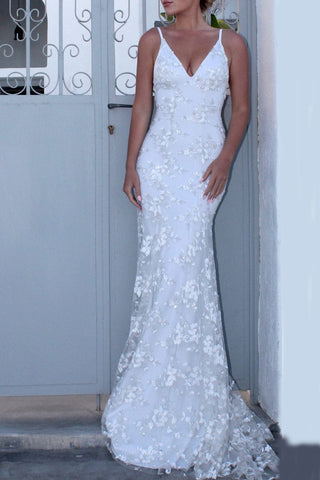 White Backless Lace Evening Gown Wedding Dress