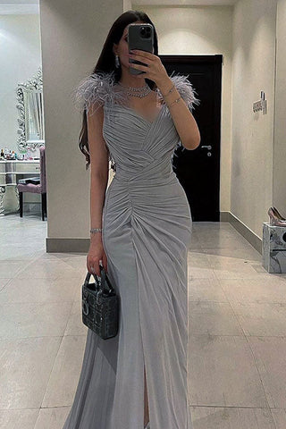 Silver High Split Sleeveless Prom Gown Evening Dress