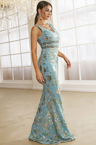 Sky Blue V-Neck Sleeveless Prom Gown Evening Formal Dress