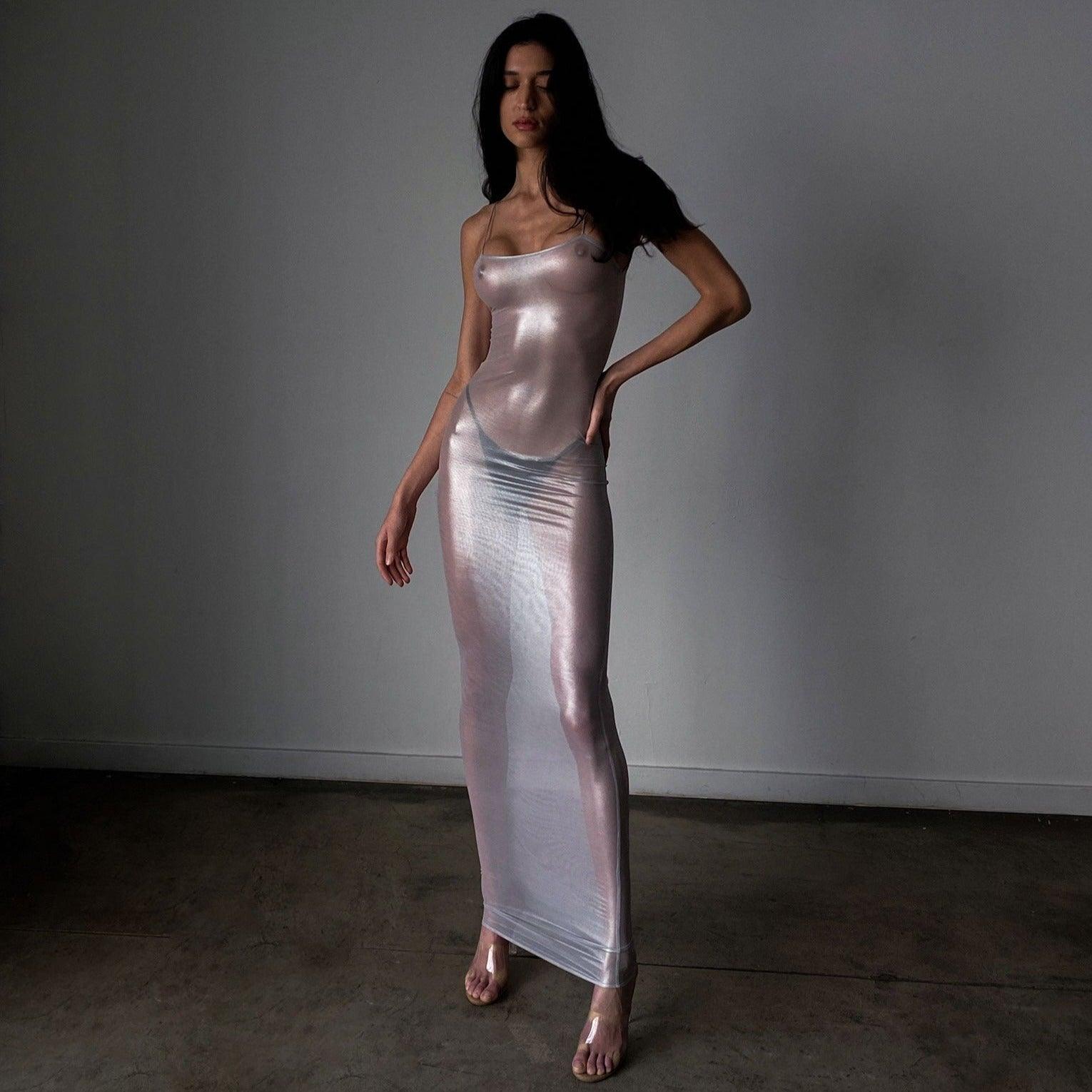 Focused On Me Sheer Metallic Maxi Dress