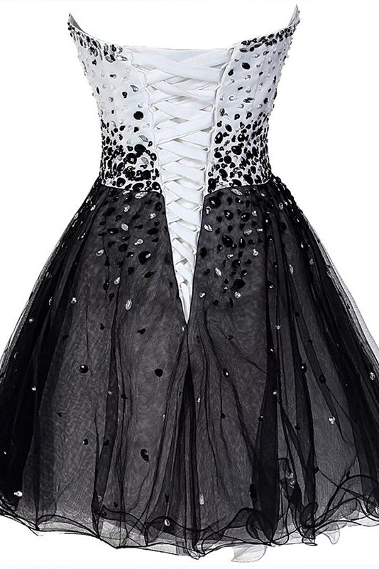 White And Black Strapless Beaded Party Homecoming Dress