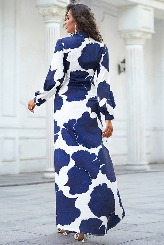 White And Blue Print Long Sleeve Shirt Dress