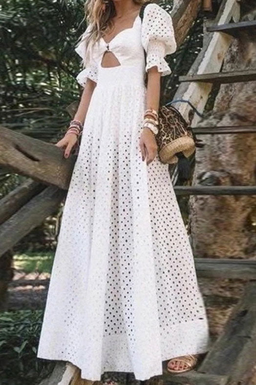 White Long Hollow Cut Out A-Line Dress