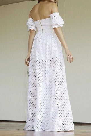 White Long Hollow Cut Out A-Line Dress