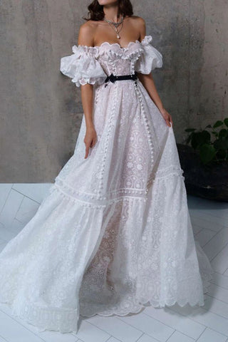 White Lace A-Line Off Shoulder Prom Dress Evening Gown