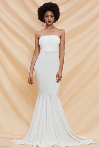 White Strapless Mermaid Formal Evening Dress