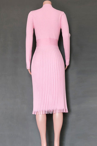 Pink Mid Length Sweater Knit Solid Color Pleated Dress