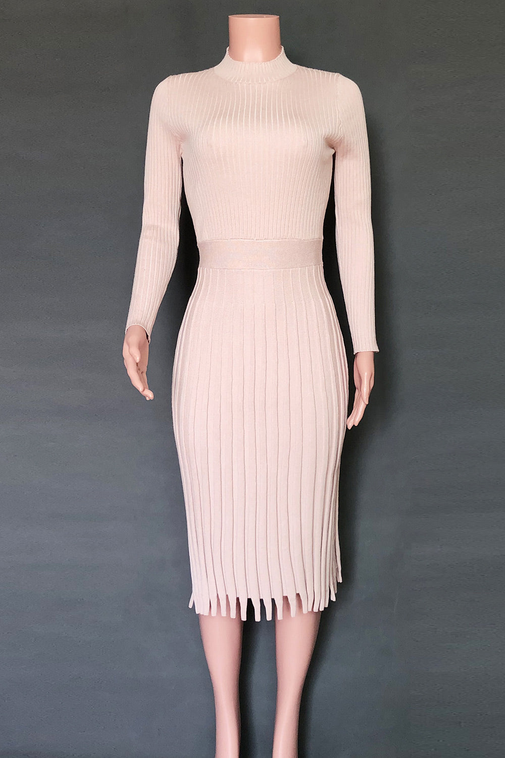 Pink Mid Length Sweater Knit Solid Color Pleated Dress