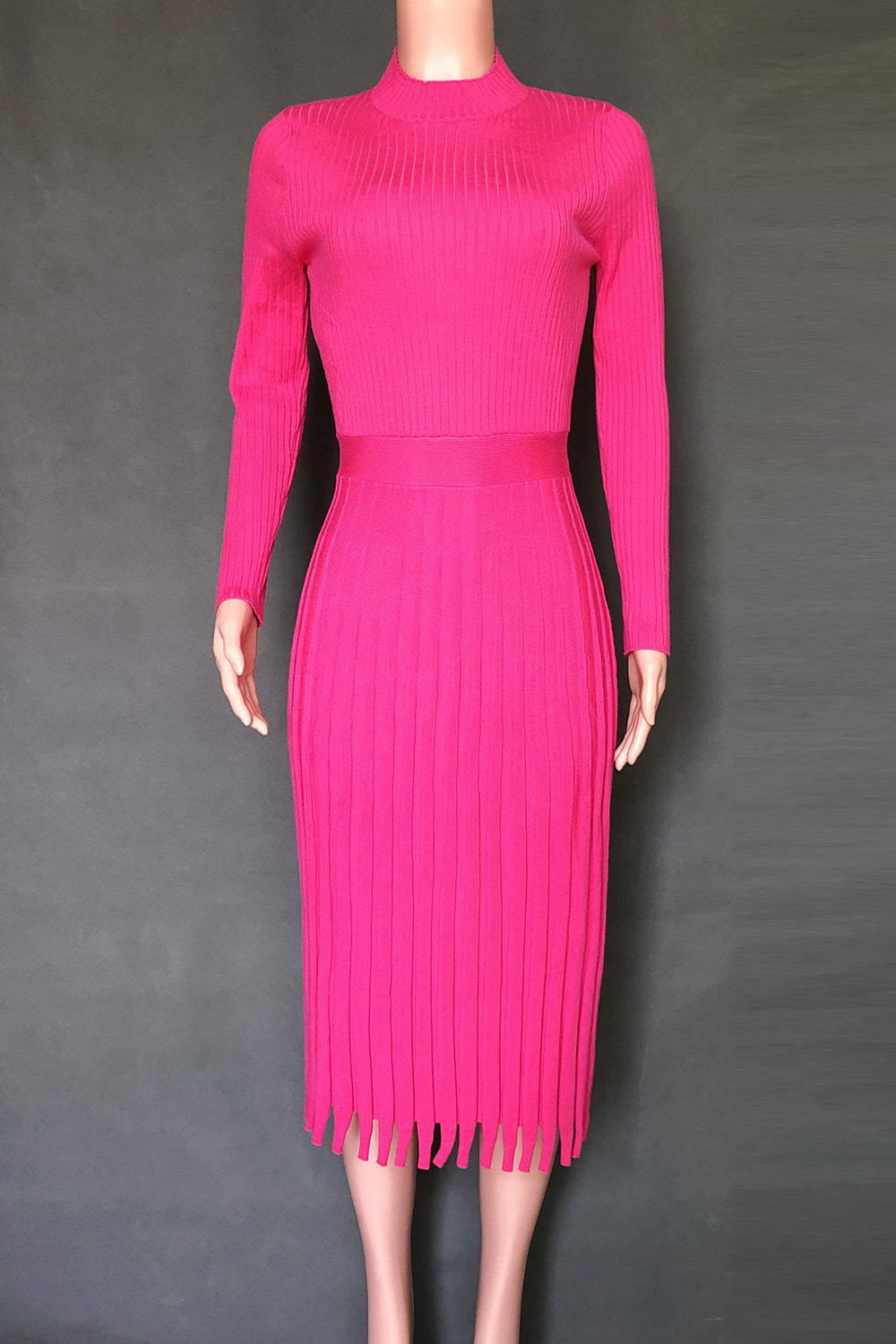 Pink Mid Length Sweater Knit Solid Color Pleated Dress