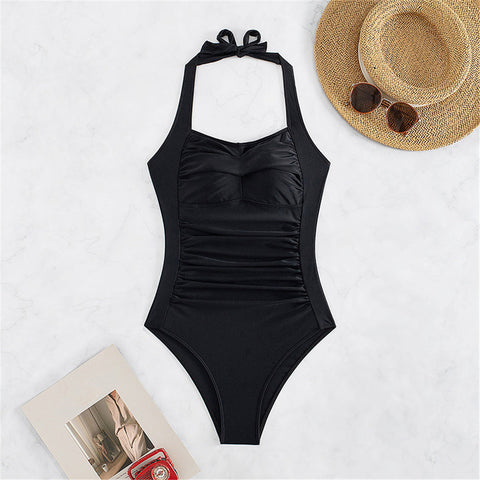 Mary Wrinkled Halter Backless One Piece Swimsuit