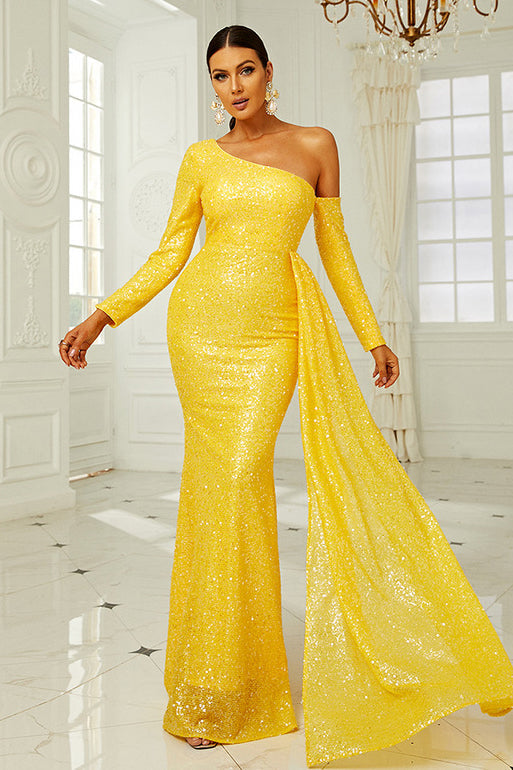 Yellow Long Sleeve Formal Gown Evening Prom Dress