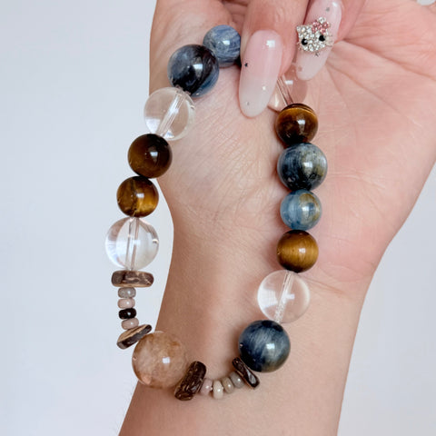 Natural Blue Kyanite, Tiger's Eye & Clear Quartz Crystal Bracelet