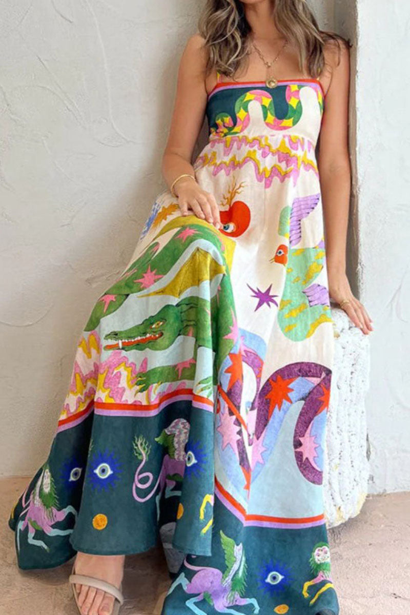 Multicolor chic positioning painting print suspender skirt