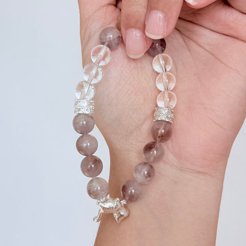 Lepidolite & Clear Quartz Bracelet with Silver Cat Charm