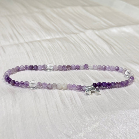 Amethyst & Clear Quartz Bracelet with Silver Cat Charm