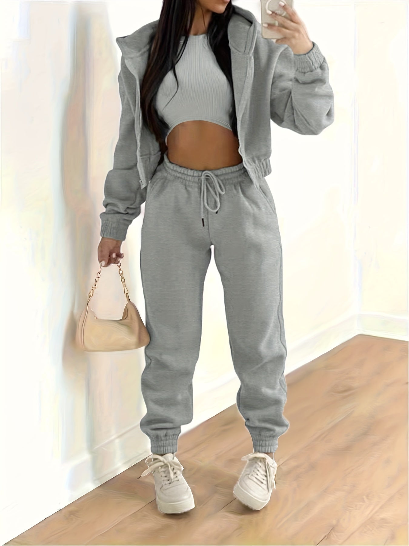 Zip Up Hooded Jacket & Tank Top & Jogger Pants Three-piece Set Outfits