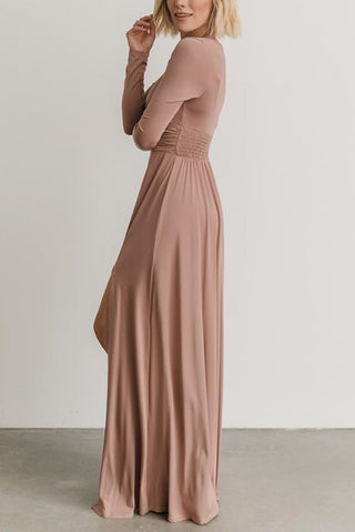 V Neck Long Sleece Slit Maxi Dress