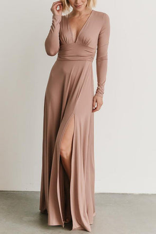 V Neck Long Sleece Slit Maxi Dress