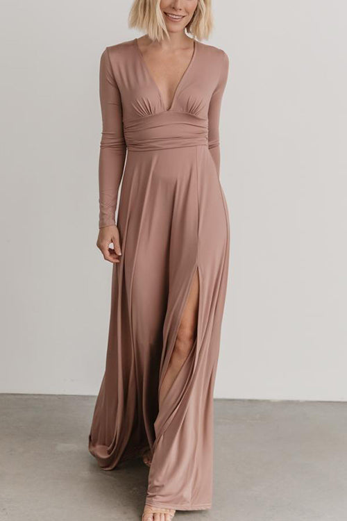 V Neck Long Sleece Slit Maxi Dress