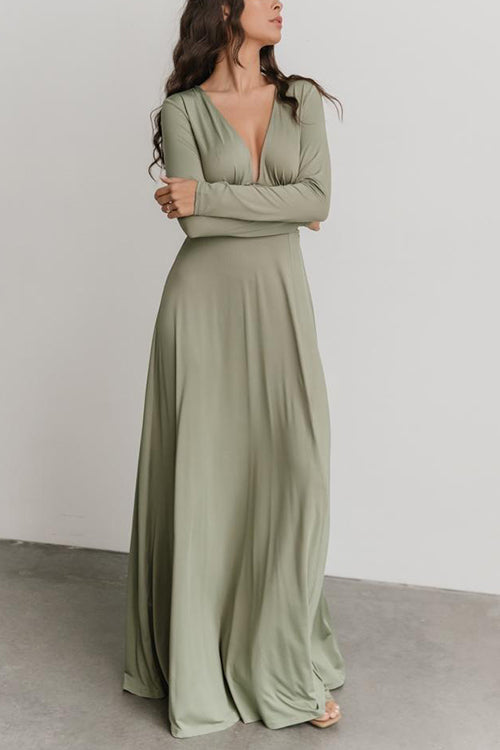 V Neck Long Sleece Slit Maxi Dress