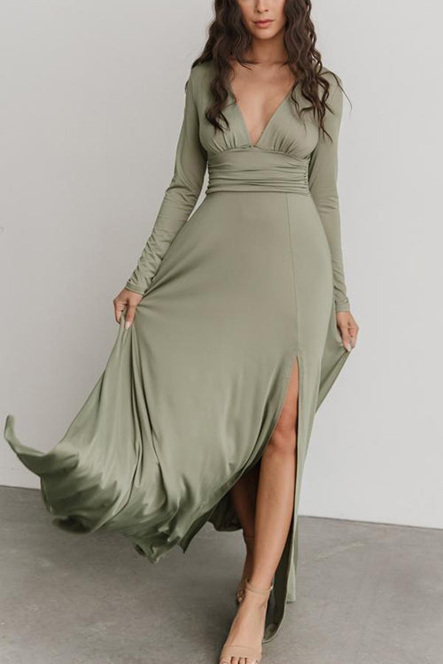 V Neck Long Sleece Slit Maxi Dress