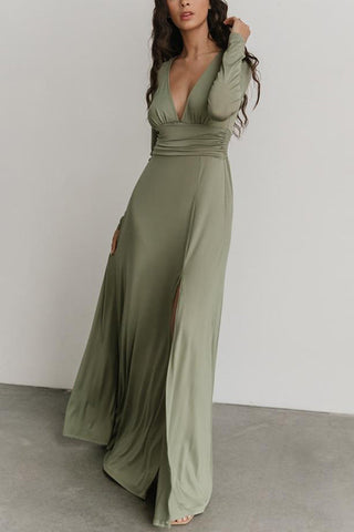 V Neck Long Sleece Slit Maxi Dress