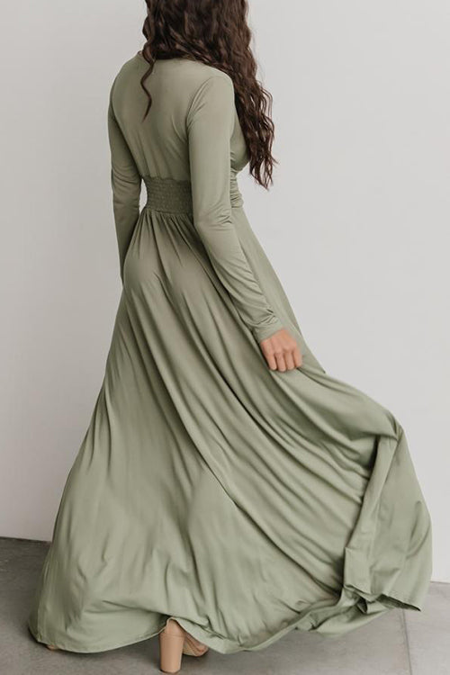 V Neck Long Sleece Slit Maxi Dress