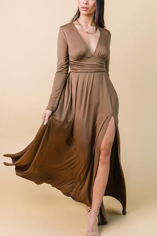 V Neck Long Sleece Slit Maxi Dress