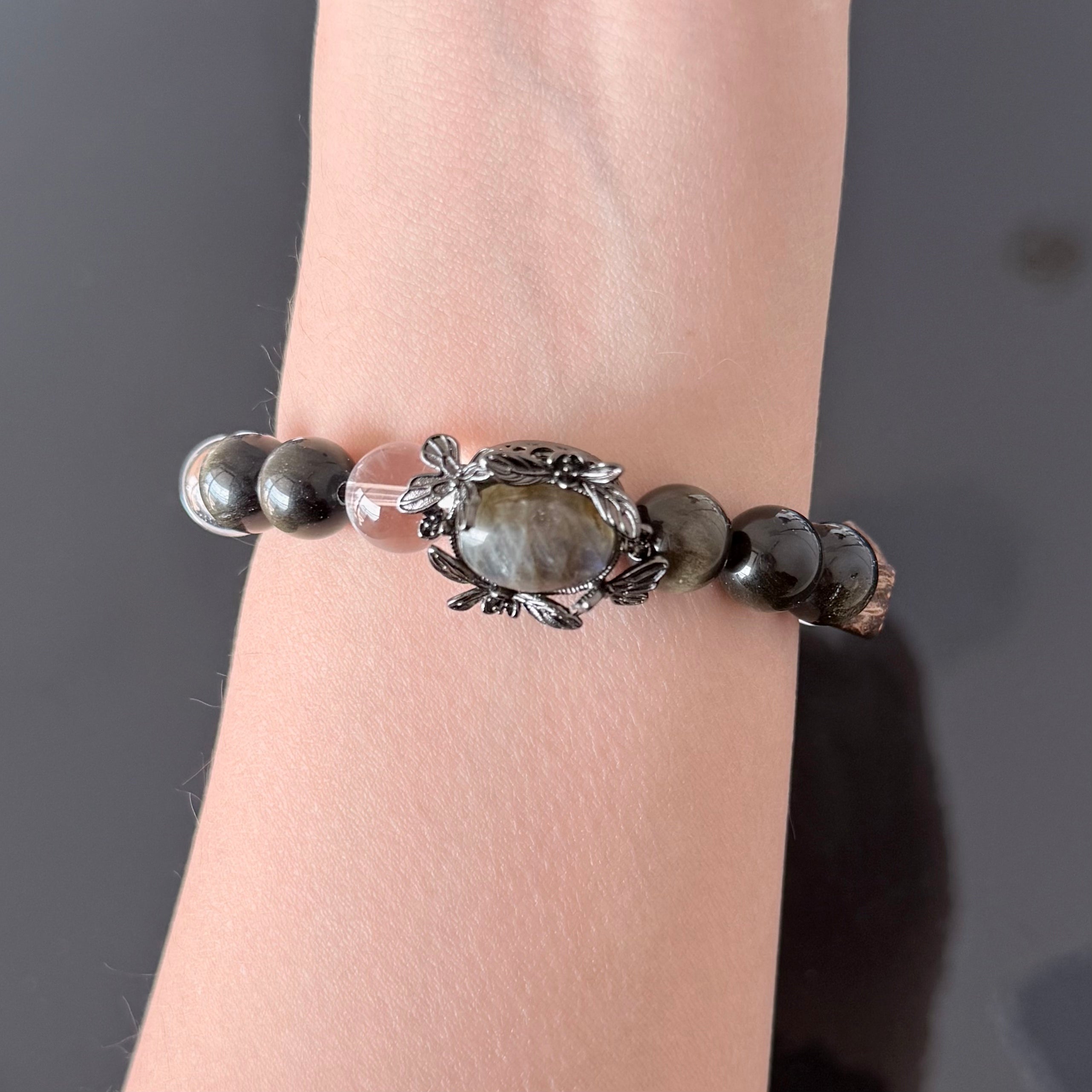 Labradorite Protection Bracelet with Gold Sheen Obsidian & Clear Quartz
